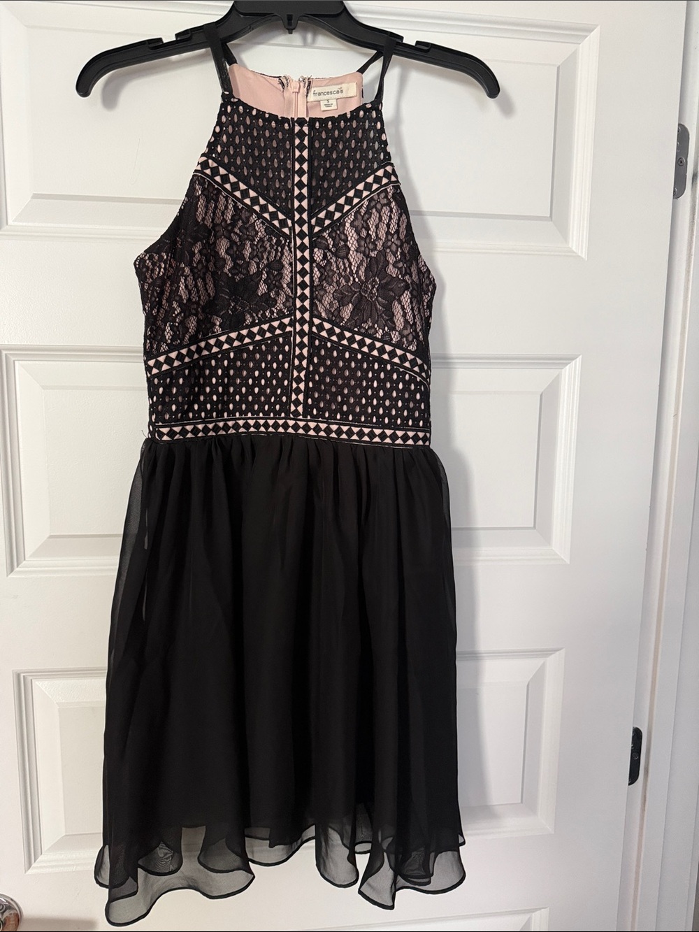 NWOT Francesca's Collections Black and Blush Patterned Lace Halter Dress size S